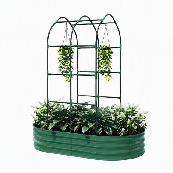 Galvanized Metal Raised Garden Bed with Arched Trellis, 63x35x71 Inch Outdoor Planter Box for Climbing Vegetables