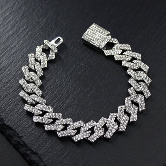 Hip Hop 15MM Rhinestone Prong Iced Out Cuban Link Chain Bracelet Men Women Silver Gold Color Rhombus Cuban Bracelets Jewelry