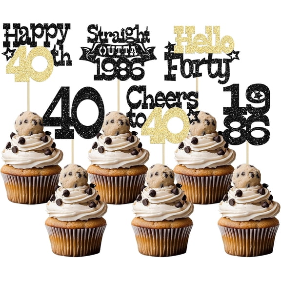 12Pcs Black & Gold Glitter 40th Birthday Cupcake Toppers, "Hello 1986, Cheers to 40" Picks for 40th Birthday Party Cake Decorations