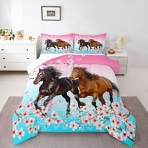 Homewish Galloping Horse 2pcs Bedding Comforter Set For Teens Female Men,Western Farmhouse Animal Twin Comforter Sets,Cherry Blossom Breathable Bedding Set,Gradient Room Decor,Reversible