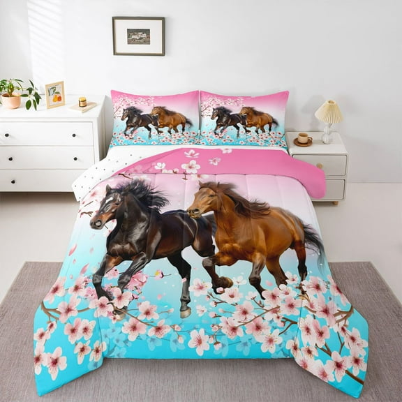 Homewish Galloping Horse 2pcs Bedding Comforter Set For Teens Female Men,Western Farmhouse Animal Twin Comforter Sets,Cherry Blossom Breathable Bedding Set,Gradient Room Decor,Reversible