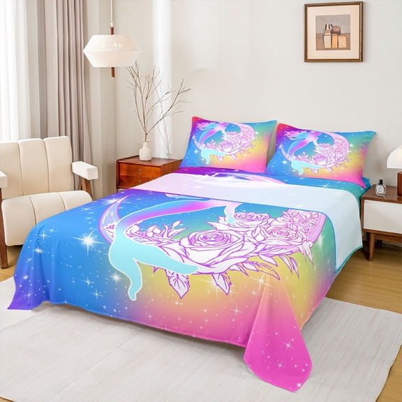 Homewish Ocean Mermaid Twin Sheet Sets 3pcs for Child Boys Girls,Dreamy Princess Twin Fitted Sheet Microfiber,Gradient Chic Flowers Breathable Flat Sheet,Ultra Soft Home Decor