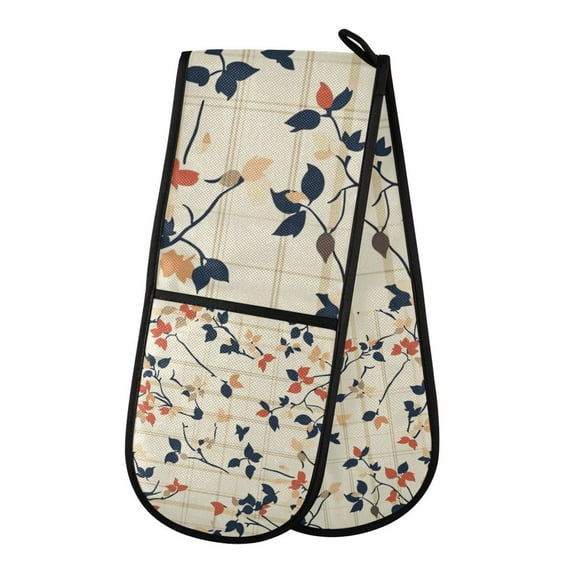 Yayeee Double Oven Mitt Kitchen Heat Resistant Baking 35" x7" Quilted Glove, Beige Leaves Plaid