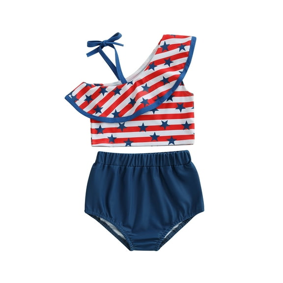Xsylife Toddler Girls 4th of July Bathing Suit Star Stripe Print Ruffled Camisole with Solid Shorts 2-Piece Swimsuits