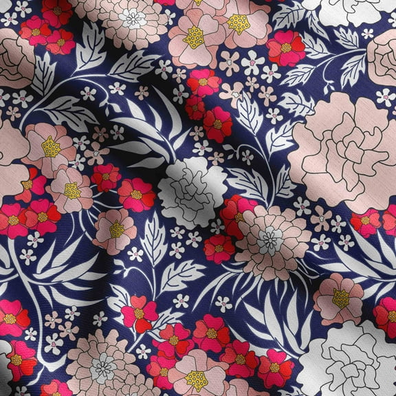 Soimoi Chinese Floral Print, Silk Fabric, Decor Sewing Fabric by The Yard 42 Inch Wide,Decorative Fabric for Shirts Suits Ties, Navy Blue