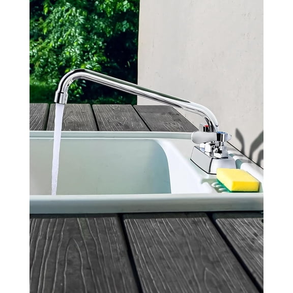 Commercial Bar Sink Faucet 12" Swivel Spout, Utility Sink Faucet 4" Center, Brass Construction Chrome Polished, Deck Mount Laundry Tub Faucet, for Kitchen, Laundry, Bar, RV