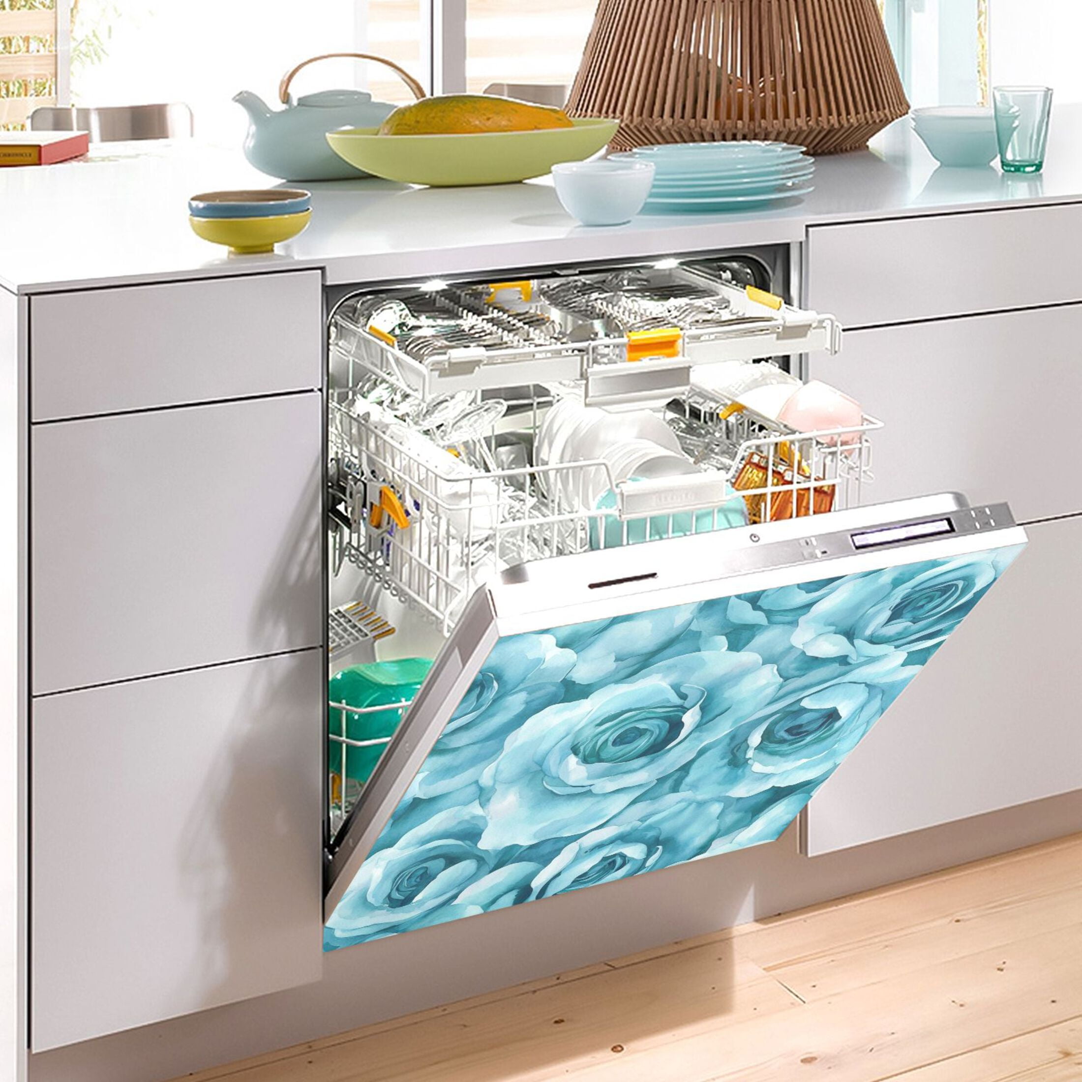 Dishwasher Magnetic Sticker 23x26 Inch Refrigerator Magnetic Sticker Washing Machine Magnetic Sticker Kitchen Panel Magnetic Sticker Home Decor Turquoise Roses Seamless