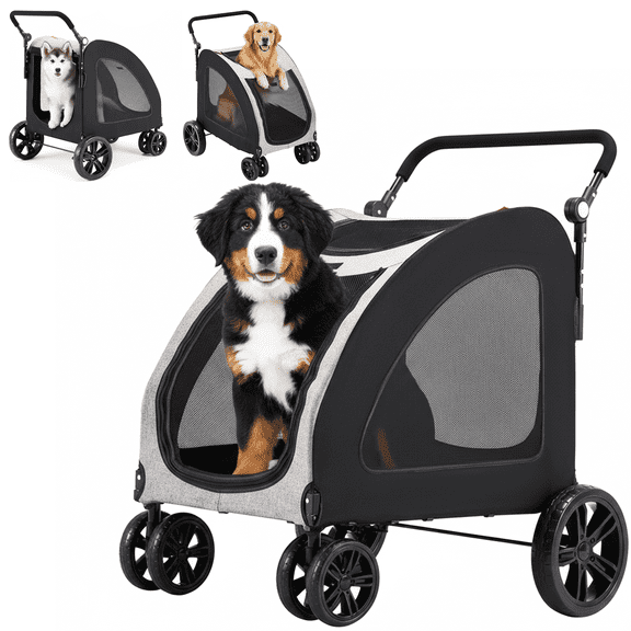 Bezliving Large Pet Stroller for Large/Medium Dogs, 77 lb Capacity, 12" All-Terrain Shock Absorbing Wheels, Waterproof 600D Grey Linen, Heavy-Duty Extra Large Pet Pram, Foldable Travel Stroller