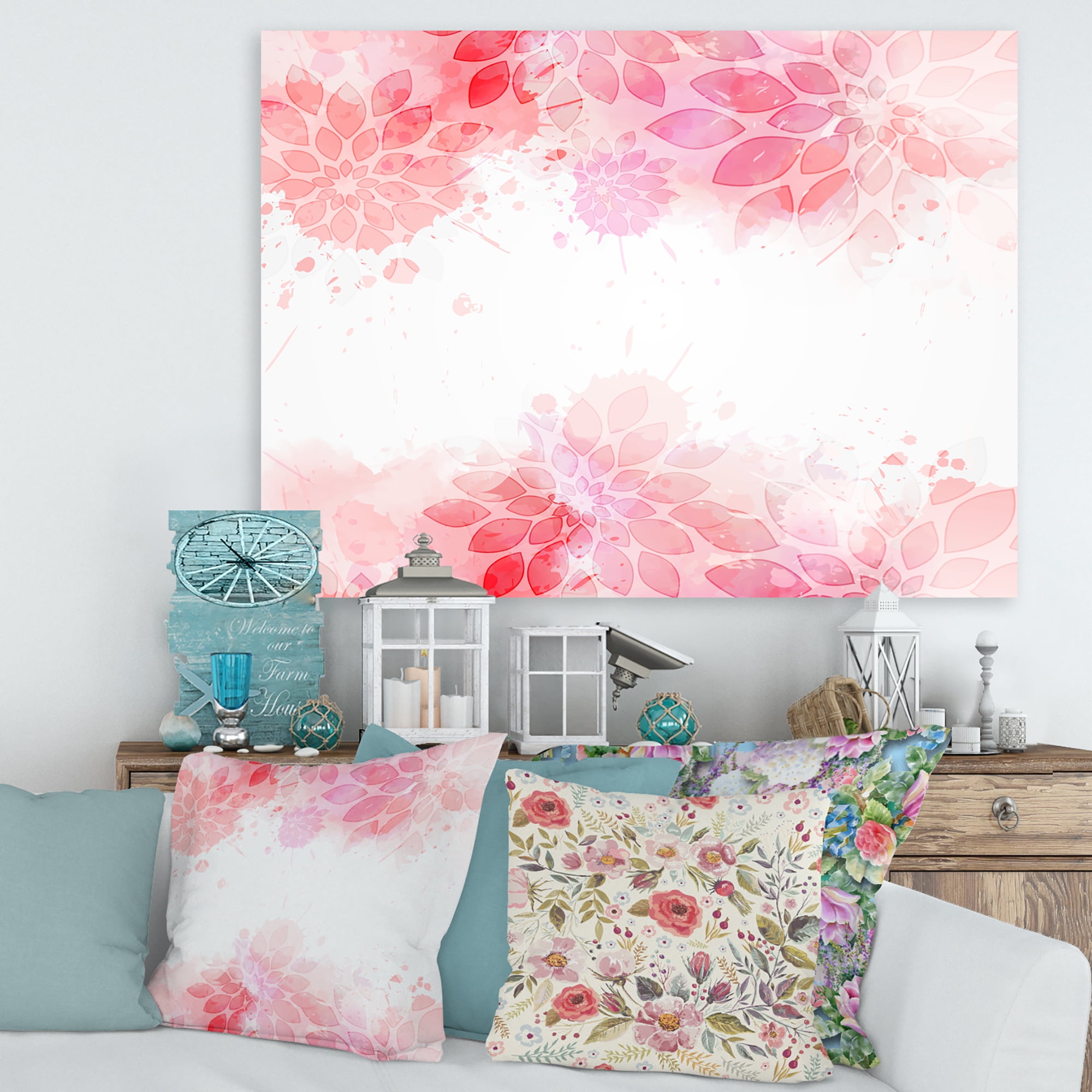Abstract Splashes of Pink Flowers II 12 in x 8 in Painting Canvas Art Print, by Designart