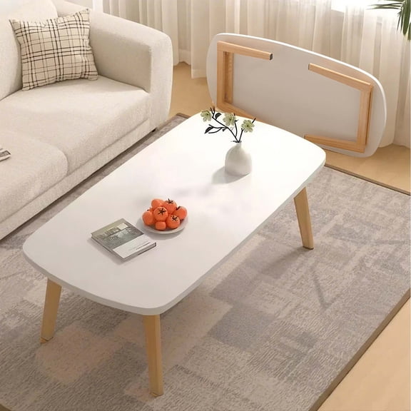 Foldable Low and Study Wooden Coffee Table - Side Table 80 x 50 cm, Rectangular Sofa Ends, Industrial Style, Foldable, TV Trays for Small Space, White