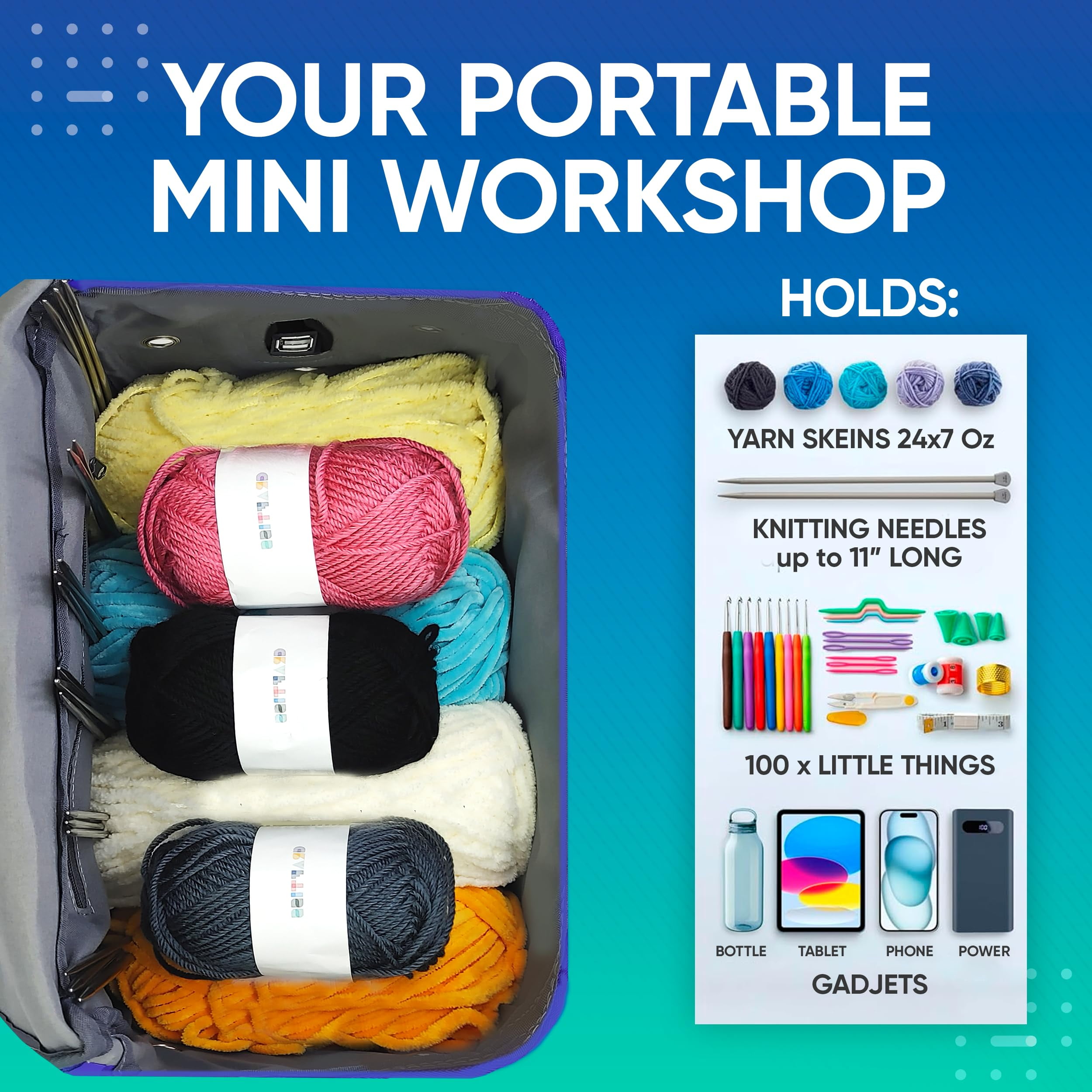 CRAFTISS Crochet Bag Yarn Storage - Perfect Gift - Durable Canvas Yarn Bag for Crochet Accessories &ndash; Backpack Organizer with Knitting Accessories Pockets and USB Cable