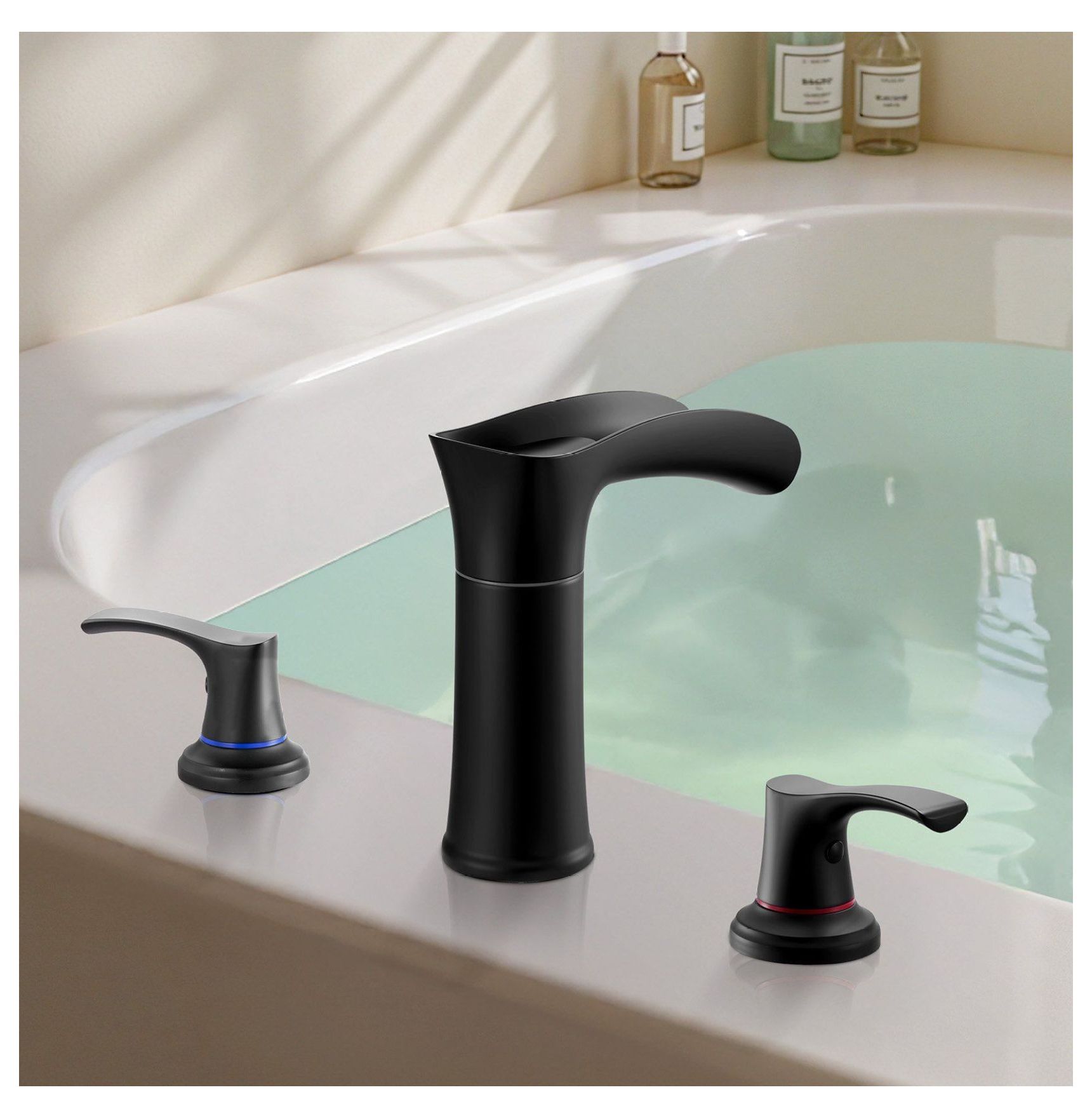 Roman Tub Faucet 3 Hole, Waterfall Bathtub Faucet Zinc Alloy Matte Black, Deck Mount Tub Spout with 2 Handles for Pet, Baby & Adult Bathing, High Flow Rate