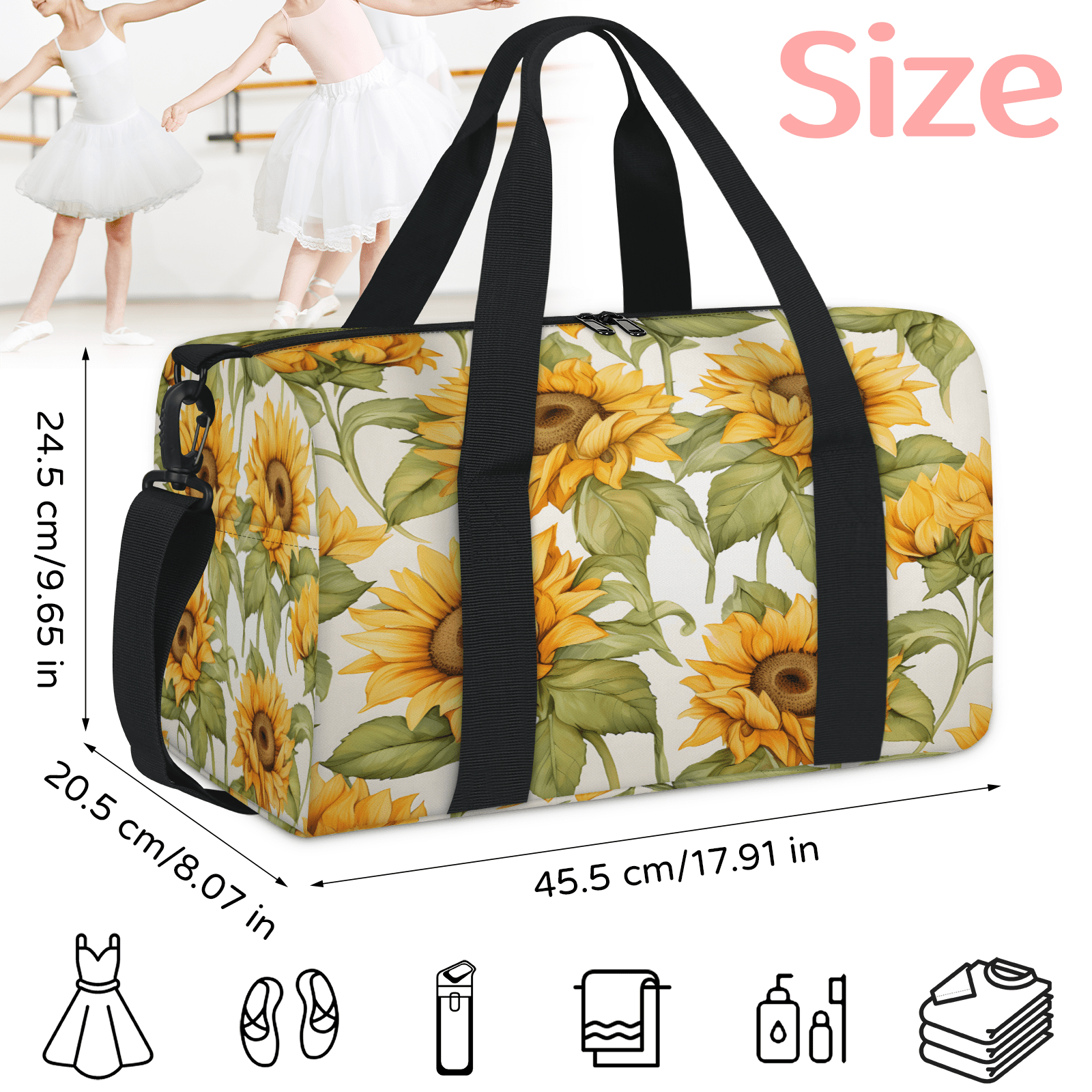 Herdesigns Sunflower Gym Bag for Women, Duffle Bag for Travel Sport, Lightweight Waterproof Carry on Weekender Overnight Dance Yoga Workout Bags