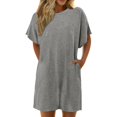thumbnail image 1 of Icvfdpl Robes Chemises pour Femmes, Couleur Unie Coupe Ample Manches Courtes Col Rond avec Poches Mélange Longueur Genou Vacances Usage Quotidien Robe d'Été Décontractée Tendance pour Femmes,TTG, 1 of 4