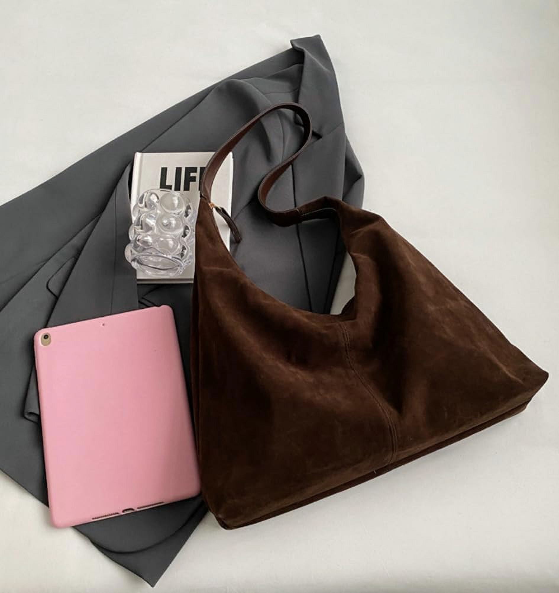Lohol Trendy Suede Crescent Shoulder Bag Women Tote Bag Satchels Crossbody Purse Top-handle Travel College Work Tote Handbag-Burgundy