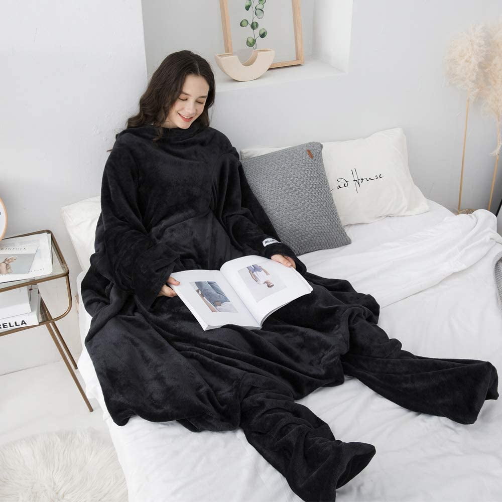Long Fleece Blanket with Sleeves Foot Pockets Wearable Blanket Adult Cozy Soft Warm Functional Black Walmart