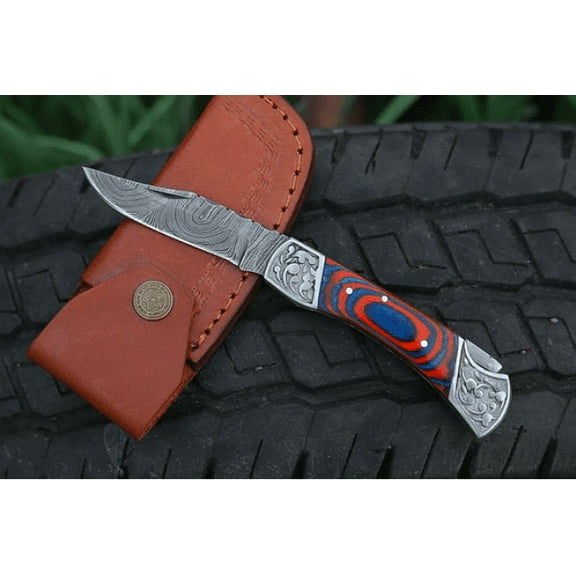 7" Handmade Authentic Damascus Steel Back Lock Pocket Knife With Multi Color Dollar Sheet EDC Knife.