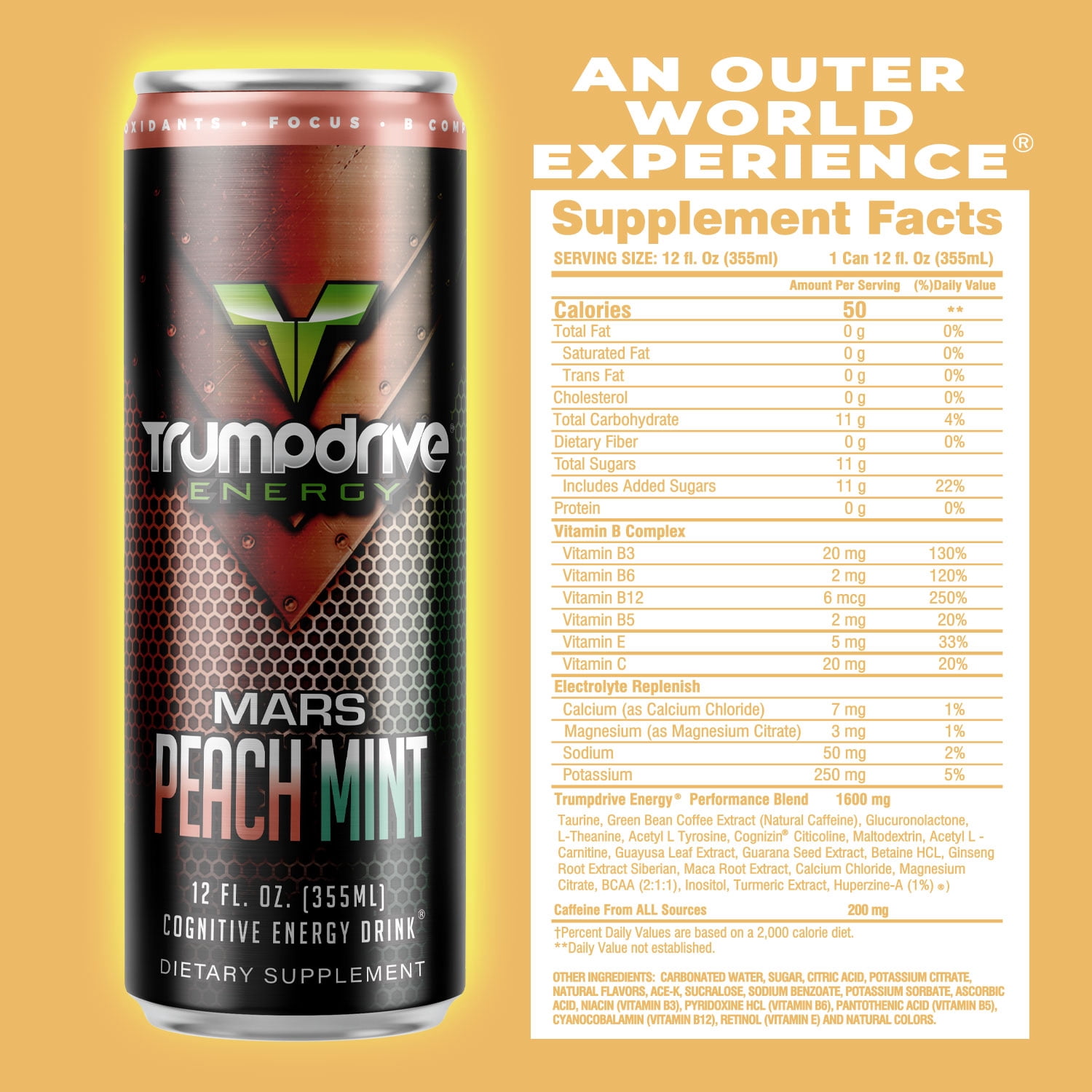 TRUMPDRIVE ENERGY Cognitive Energy Drink, Mars Peach Mint 12 Fl Oz (Pack of 12)