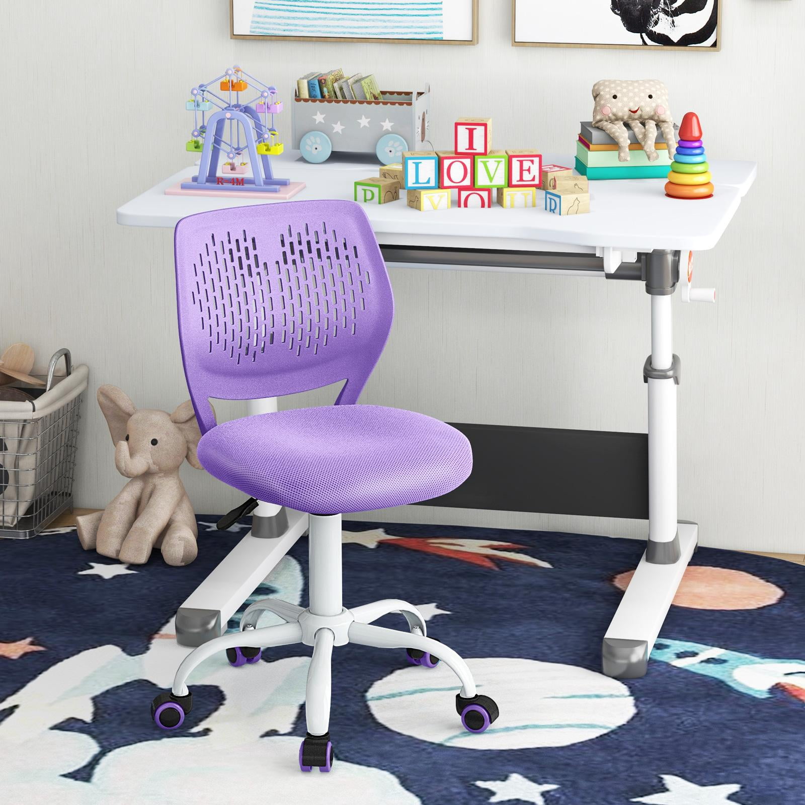 Giantex Kids Desk Chair, Adjustable Swivel Chair for Children, Armless Mesh Task Student Study Chair w/Lumbar Support & Adjustable Height, Rolling Computer Chair, Purple