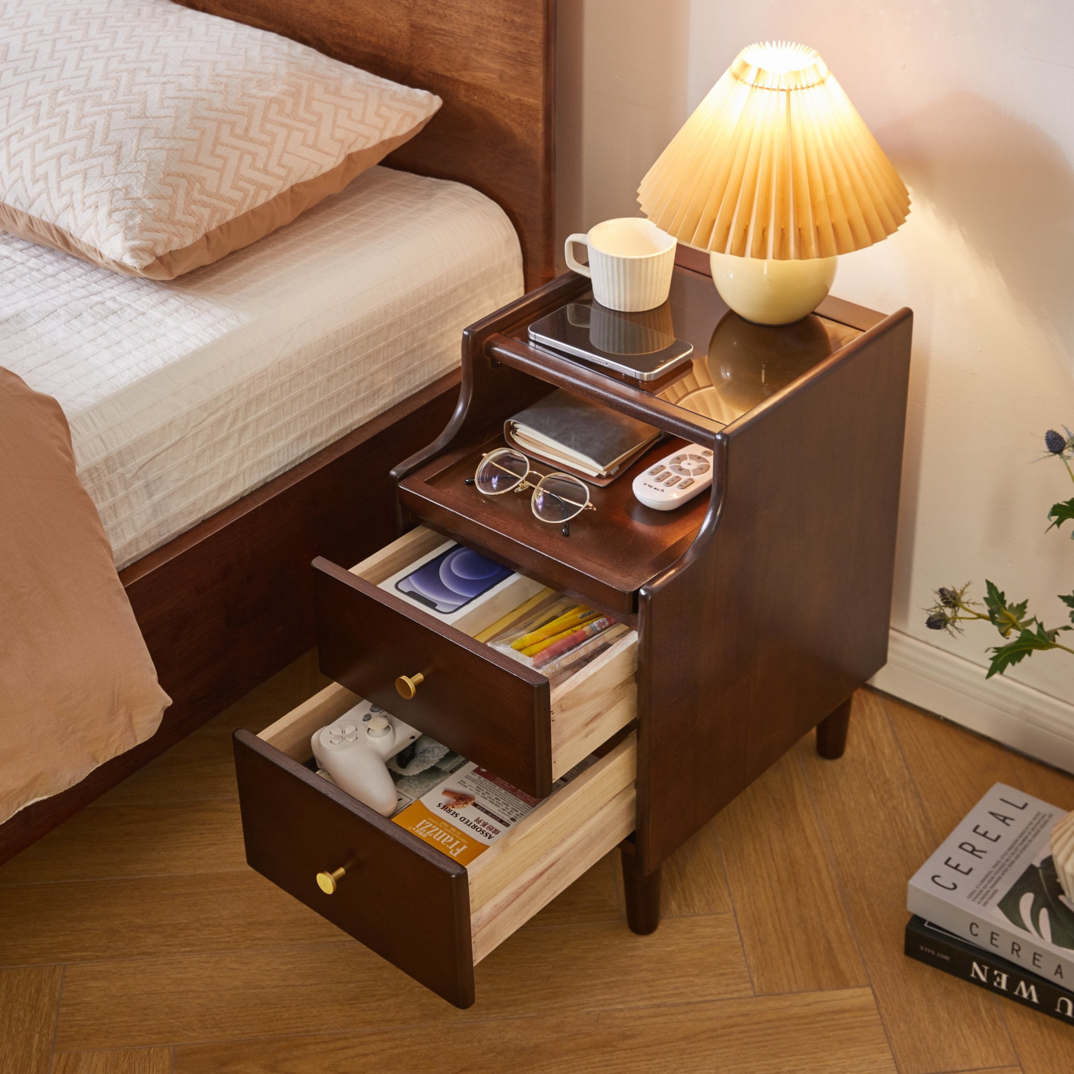 Noble House Nightstand with 2 Drawers and Pull-Out Shelf, Glass Top Bedside Table for Bedroom, Walnut