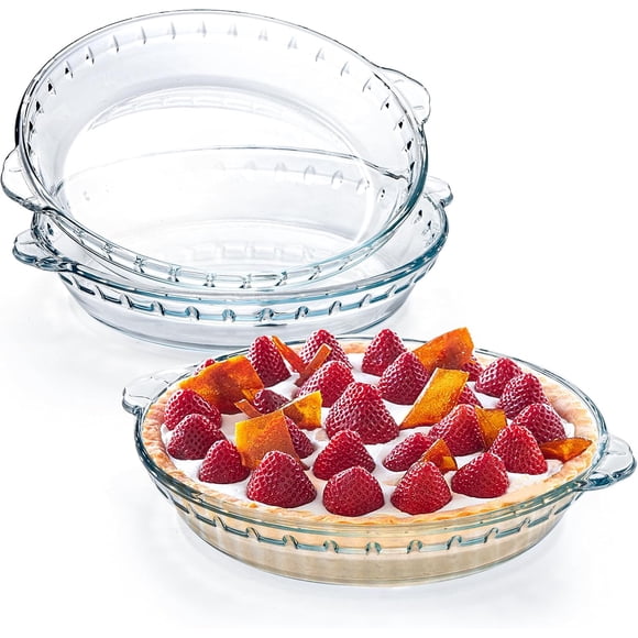 3 Pack Glass Pie Plates with Handles, 9 Inches Baking Dishes, Clear Glass Serving Plates for Snacks, Salads, Desserts