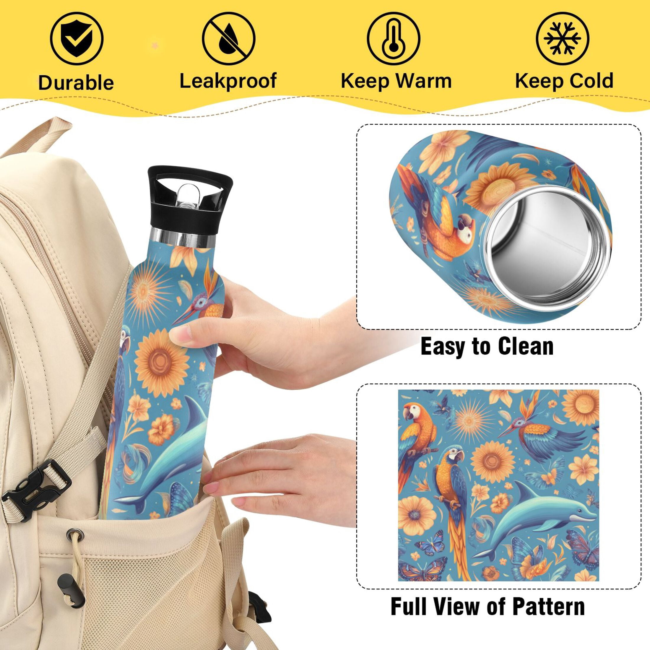Kids Insulated Stainless Steel Sports Water Bottle 600ml (20oz) Parrots and Butterflies Pattern