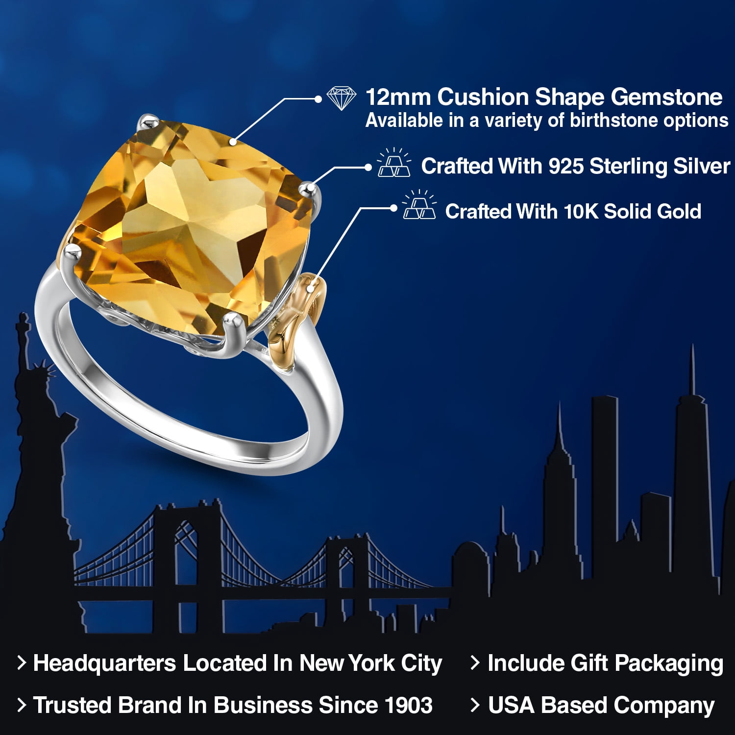 Gem Stone King 925 Silver and 10K Yellow Gold Yellow Citrine Solitaire Engagement Ring for Women | 6.50 Cttw | Cushion 12MM | Gemstone November Birthstone | Size 9