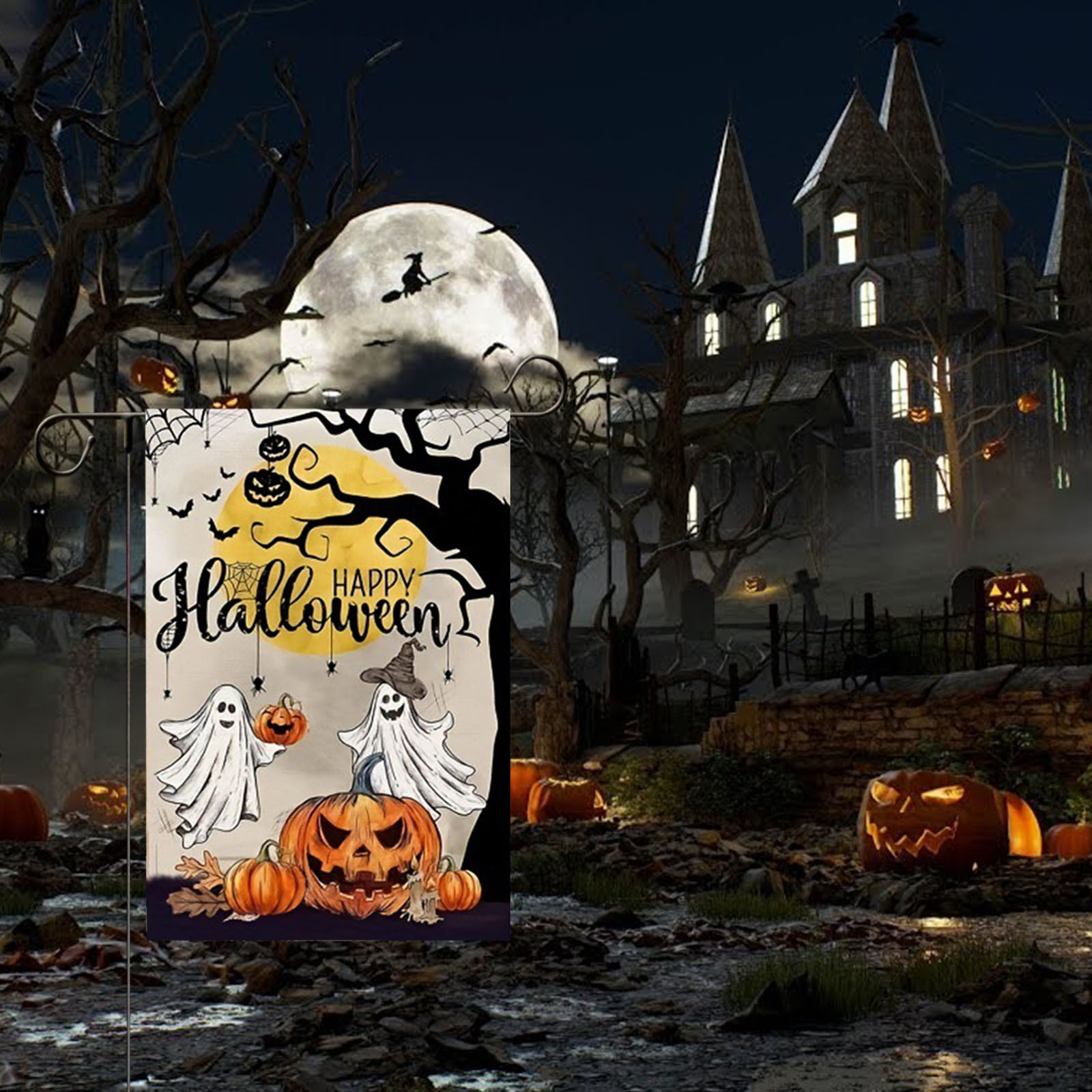Halloween-Gartenflagge – Doppelseitig, 91 X 152 Cm, Aus Polyester – Mit Geistern, Kürbissen & Fledermäusen Für Haus, Hof, Veranda