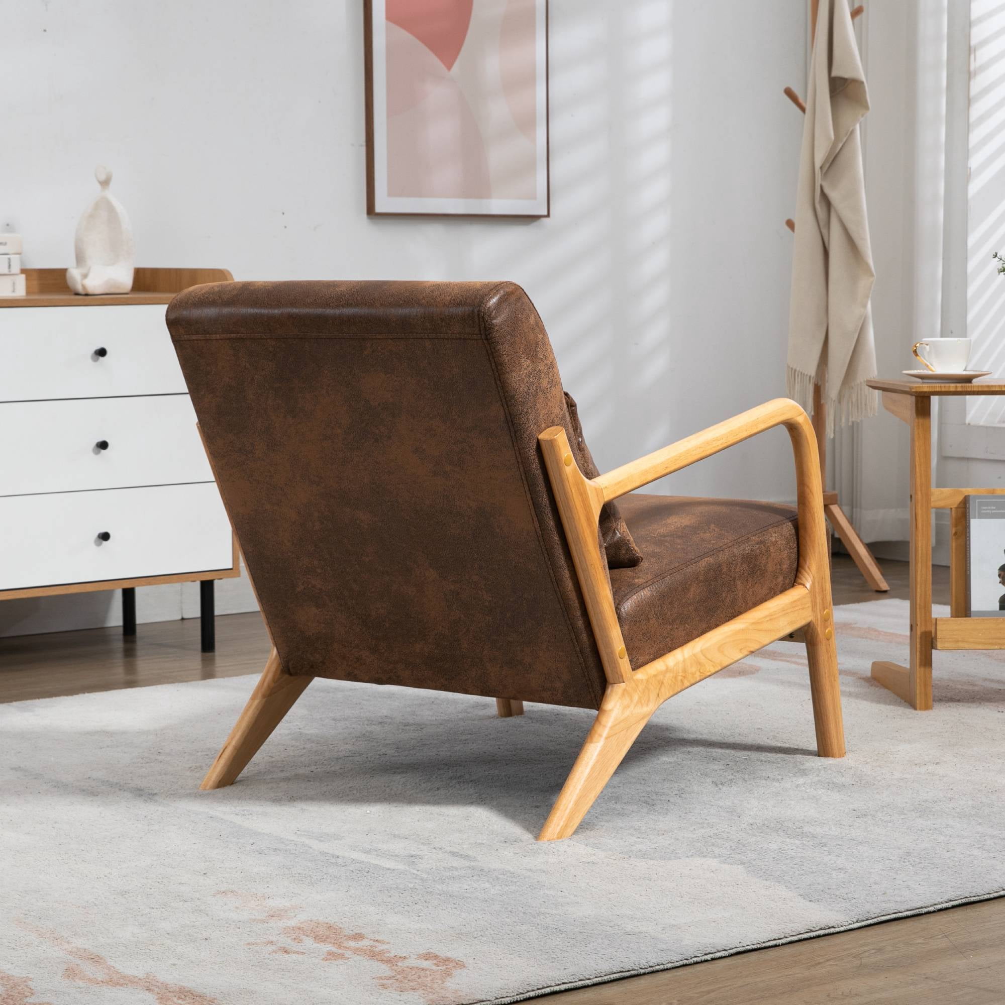 Mid-Century Modern Accent Chair with Pillow Linen Lounge Arm Chair Comfy Reading Chair with Solid Wood Frame for Living Room, Bedroom, Brown