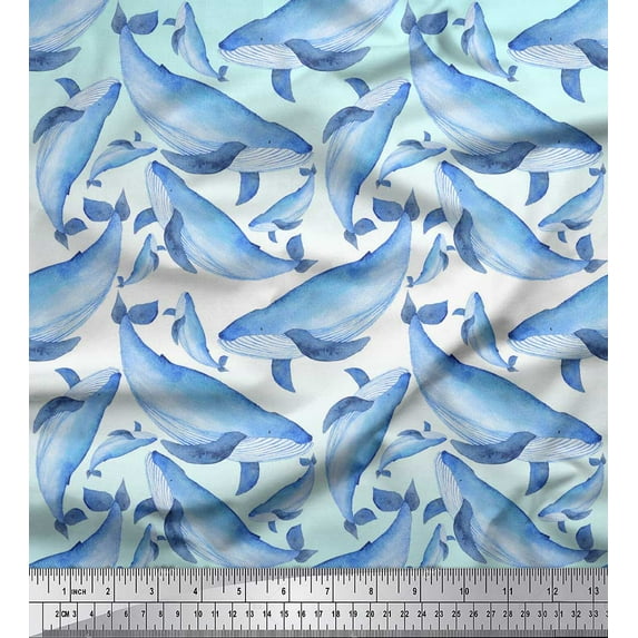 Soimoi Green polyester Crepe Fabric Whale Ocean Printed Craft Fabric by the Yard 42 Inch Wide
