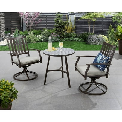 Better Homes and Gardens Camrose Farmhouse Outdoor Slat-Back Swivel Chairs – Set of 2 + Cushions Bundle