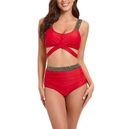 USNSM Patchwork Bikini Sets for Women Crisscross Ruched Tie Back Swimsuit with High Waist Bottom Scoop Neck Bathing Suit Red XL