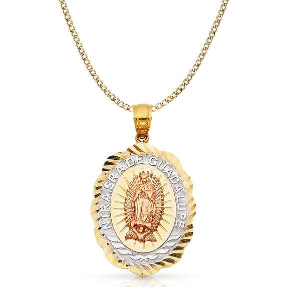 14K Tri Color Gold Our Lady of Guadalupe Charm Pendant with 4.3mm Hollow Cuban Chain Necklace - 24"