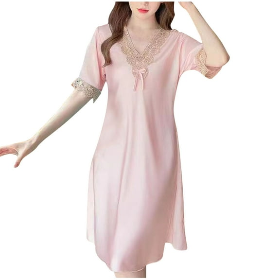 Taqqpue Satin Nightgowns for Women Summer Solid Color V Neck Short Sleeve Nightshirt Silk Sleepwear Lace Knee Length Pajama Dress