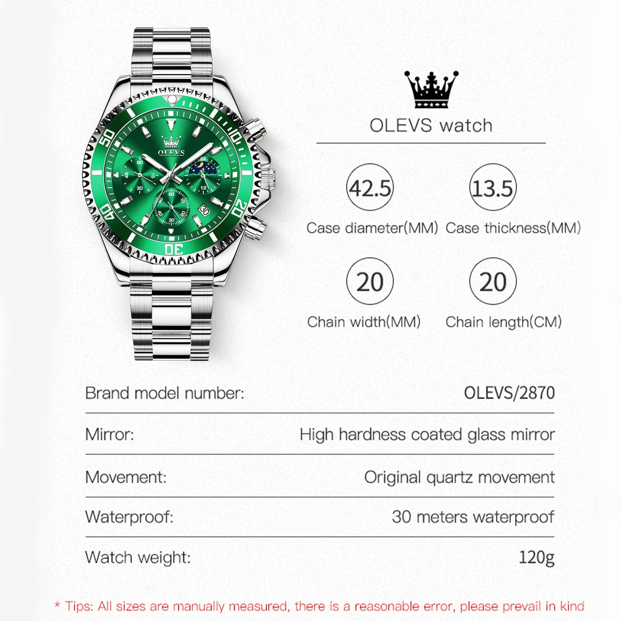 OLEVS Mens Chronograph Watch Green/Silver 42.5mm Outdoor Watch, Stainless Steel Strap 2870