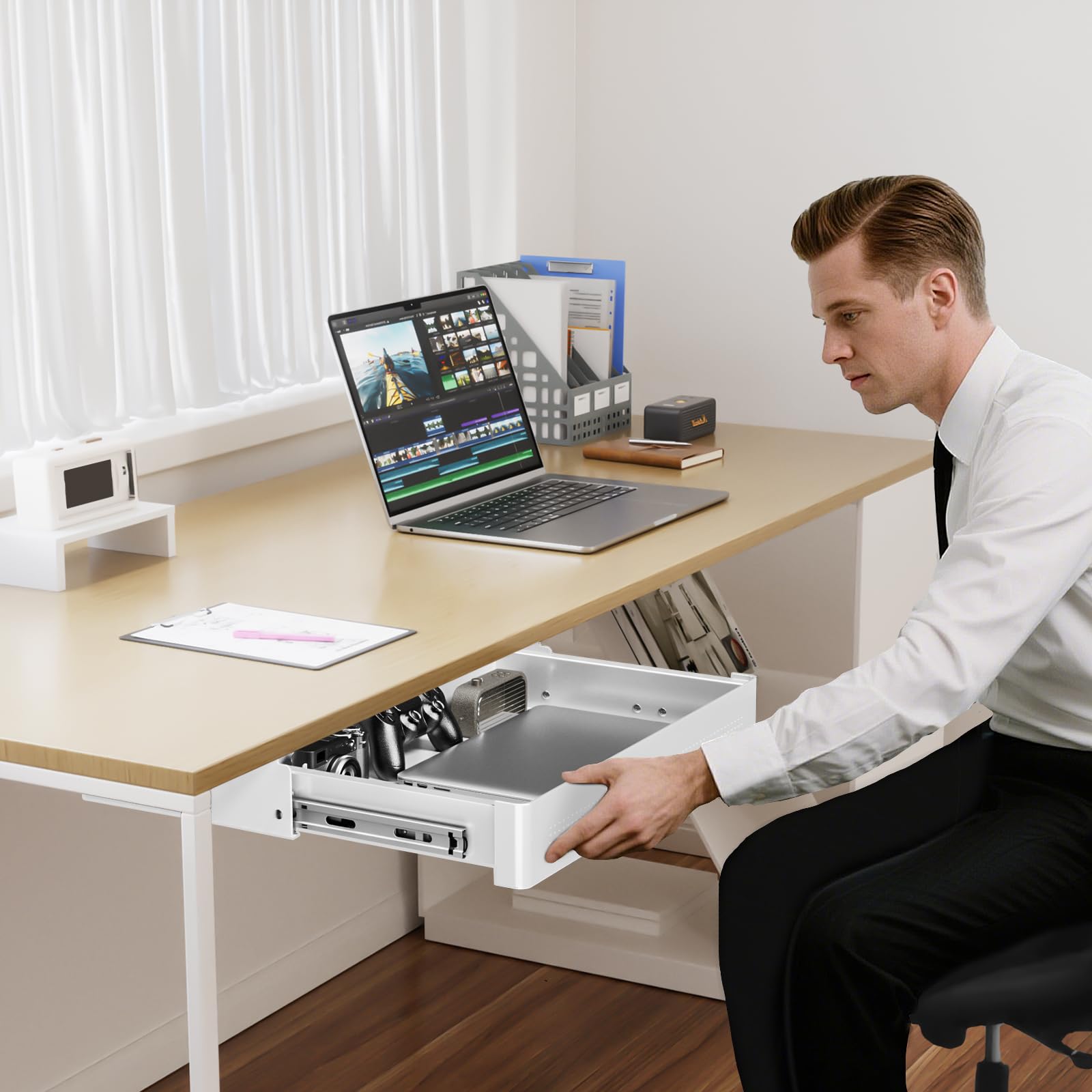 PUTORSEN Under Desk Storage Drawer 15.7" Wide - Smooth Slide Out Organizer for Standing Desk & Home Office, White