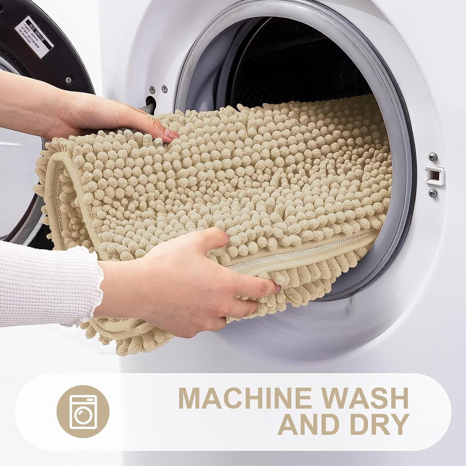 Chenille Striped Bathroom Rugs 24x16, Extra Thick and Absorbent Bath Rugs, Non-Slip Soft Plush Shaggy Bath Carpet, Machine Wash Dry, Bath Mats for Bathroom, Beige