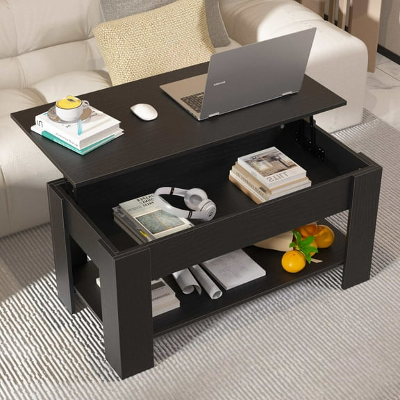YRLLENSDAN 39.4 Inch Raisable Tabletop with Storage Wooden Coffee Table, Black