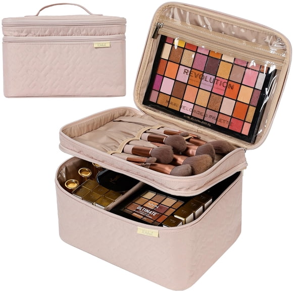 NISHEL Bolsa de maquillaje de viaje grande de doble capa para mujer, estuche de cosméticos, organizador para accesorios de viaje, botellas, cepillos, acondicionador y productos para el cuidado de la p