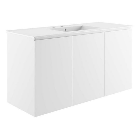 Modway Bryn 48" Modern Wood/Ceramic Wall-Mount Bathroom Vanity in White