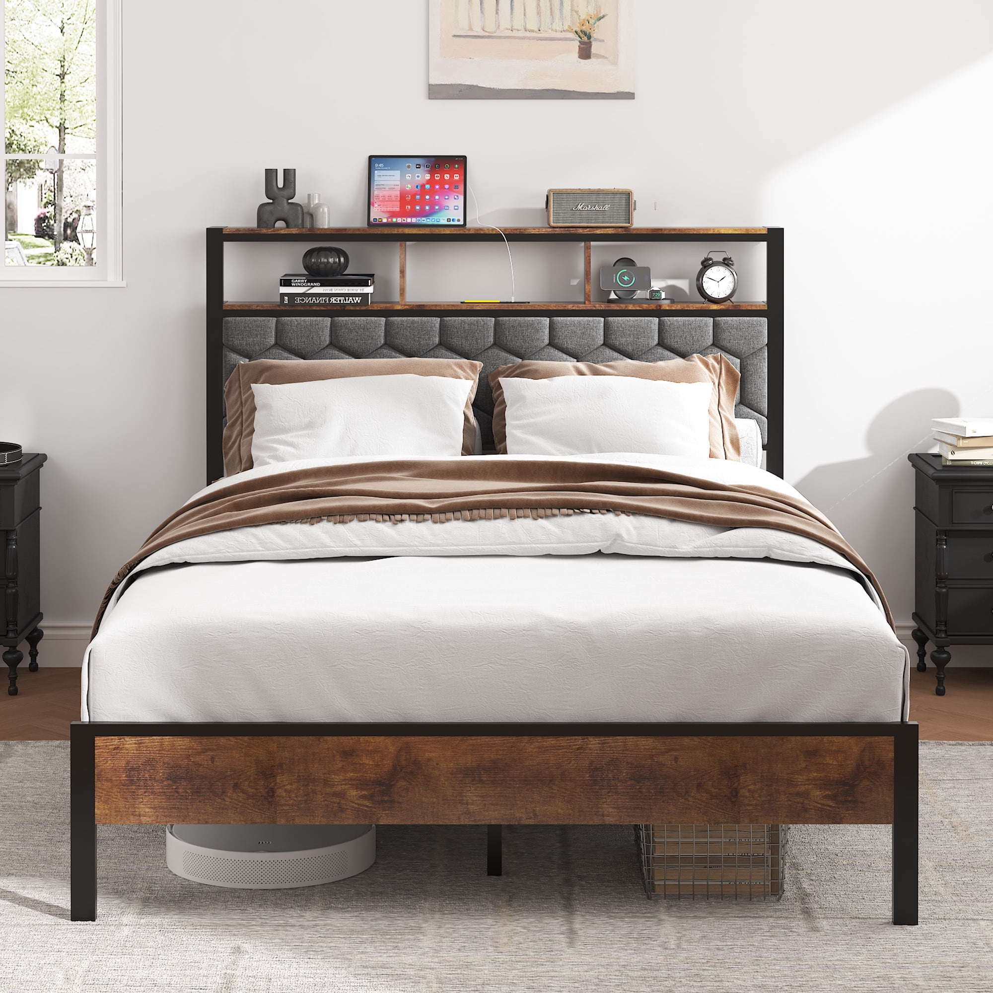 Leumius Full Size Bed Frame with Upholstered Headboard, Industrial Style Platform Bed Frame with 2 USB Ports and Storage Shelf, Brown