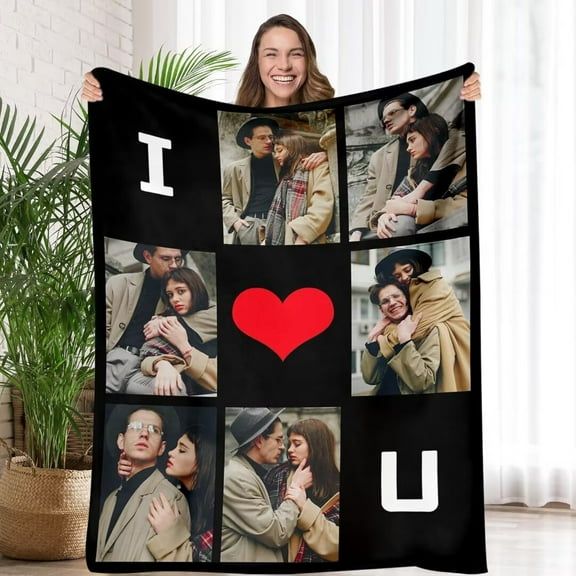 AISENIN Custom I Love You Blanket Personalized Blanket with 6 Pictures DIY Blanket for Girlfriends Boyfriends Valentines Day
