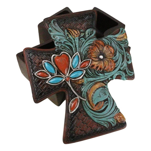 Rustic Western Turquoise Floral Scroll Faux Leather Cross Jewelry Trinket Box