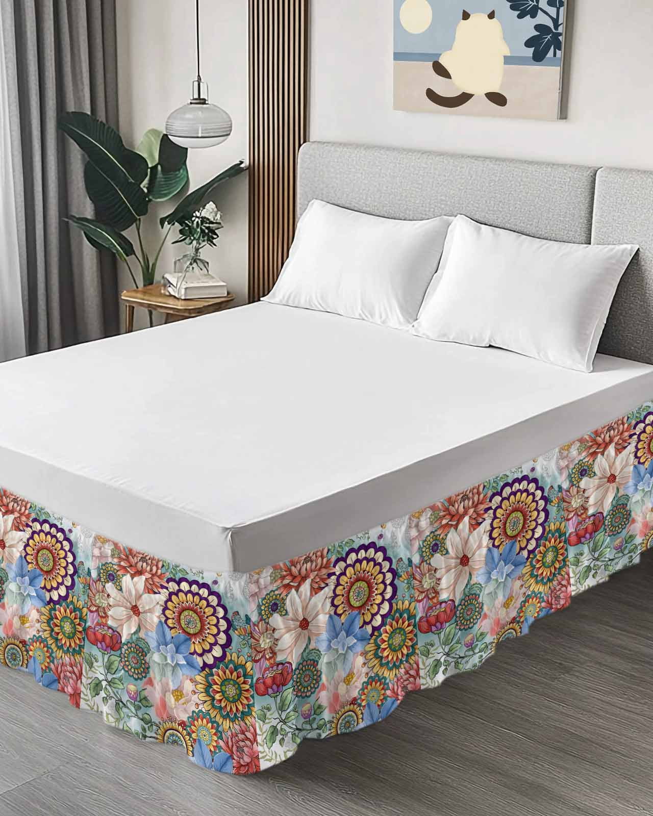 Boho Floral Bed Skirt Queen Size, Bohemia Colorful Mandalas Botanical Flower Wrap Around Bed Skirting with Adjustable Elastic Strap, Dust Ruffle Pleated Bedskirts 16 Inch Drop for Bedroom Queen Beds