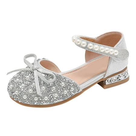 NOLDARES Girls Dress Shoes Mary Jane Wedding Party Shoes Glitter Bridesmaids Princess Low Heels(Silver 11.5-12 Years)