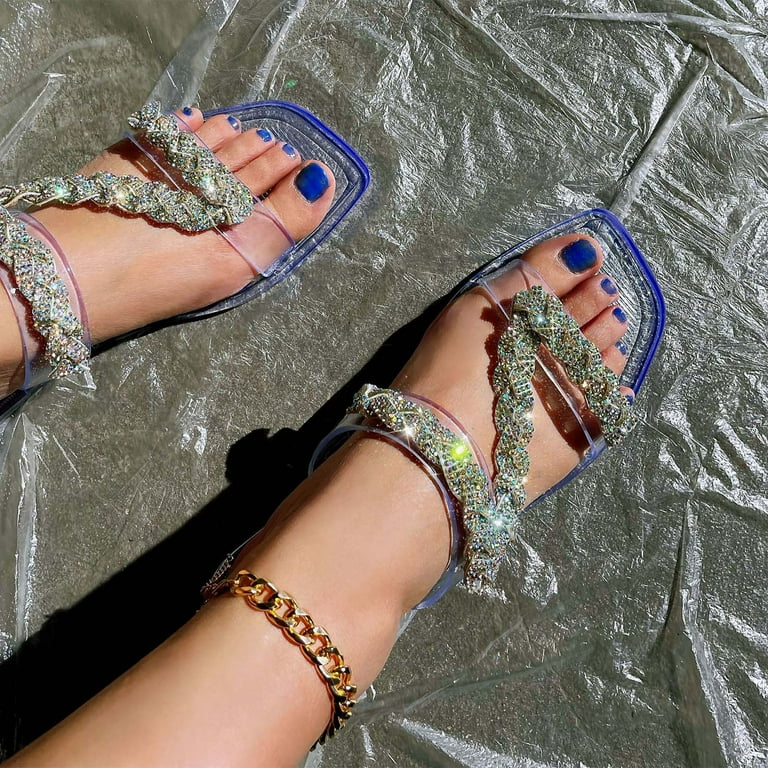 KIJBLAE Women Transparent Jelly Sandals Bling Rhinestone Chain