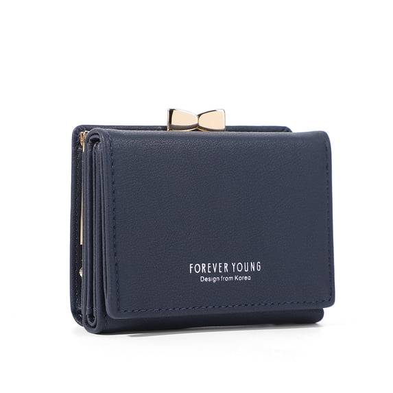 Women's Mini PU Leather Trifold Wallet Coin Purse Slim Wallet for Women with Coin Purse and Credit Card Holder (Dark Blue)