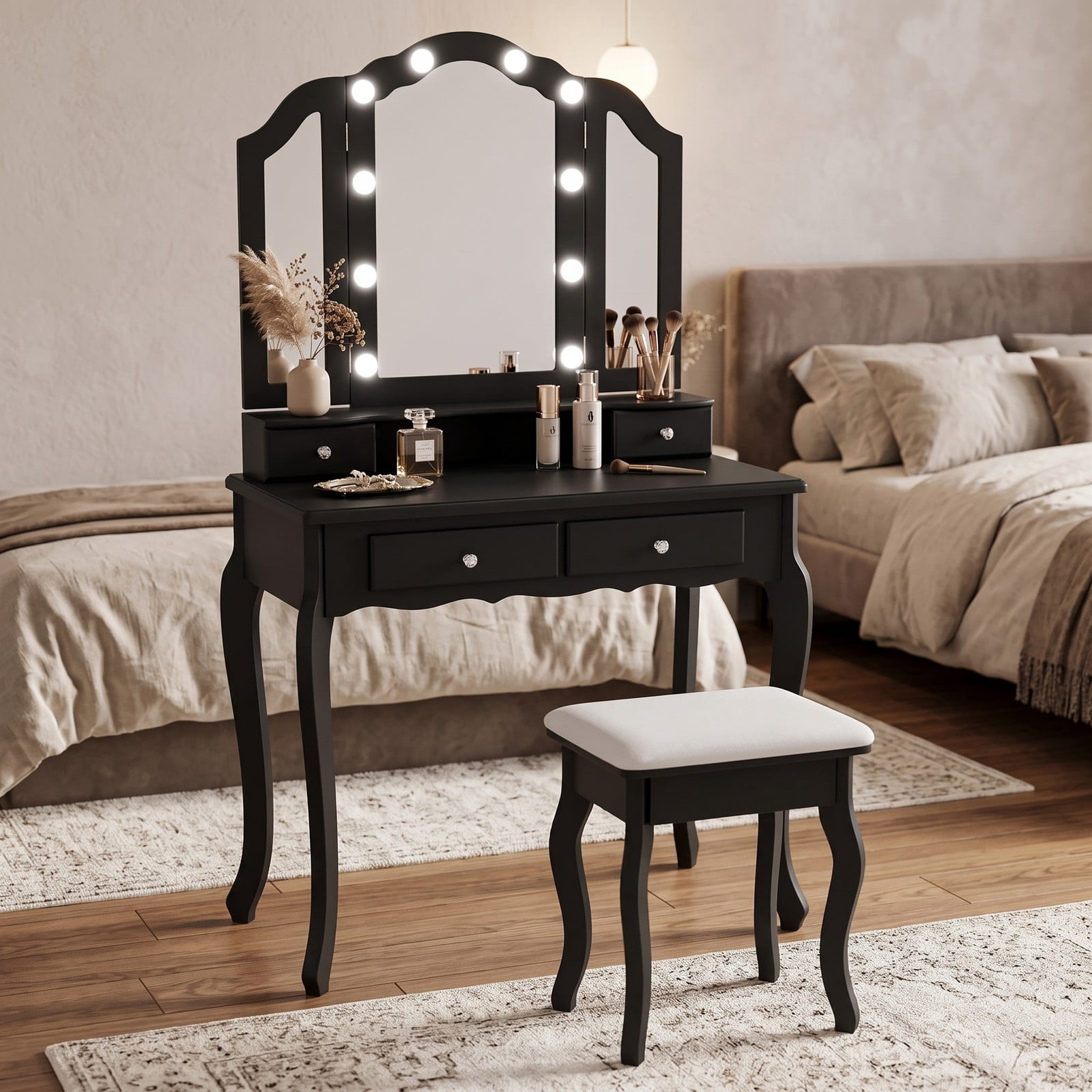 Furnibear Makeup Vanity Table Set with Tri Folding Lighted Mirror and Drawers and Cushioned Stool for Bedroom and Dressing Room, Black