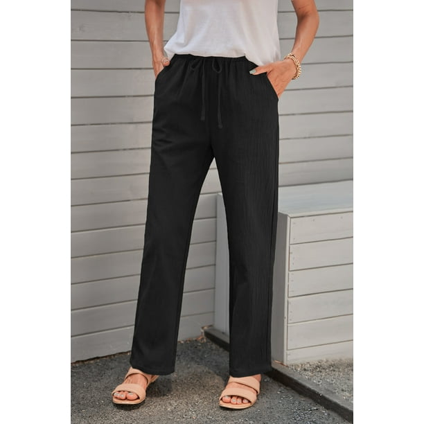 Pantalon noir à taille élastique avec cordon de serrage pour femmes, jambes  longues et droites 