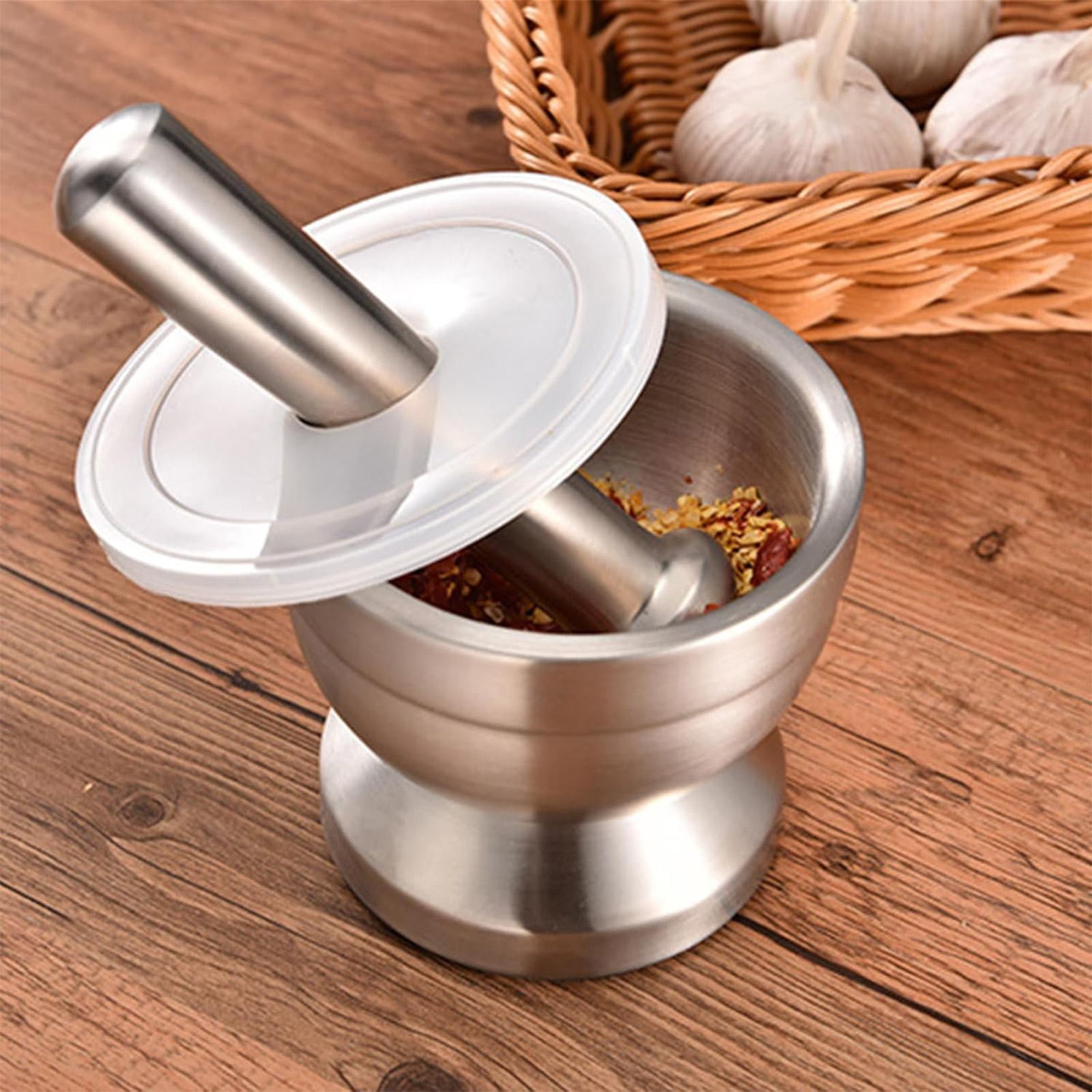 LAILLSH Clearance Garlic Press Stainless Steel Stainless Mortar and Pestle Set Efficient Crusher with Silicone Lid and Anti Base Rustproof Crusher Multifunctional Kitchen Manual Masher for Grinding